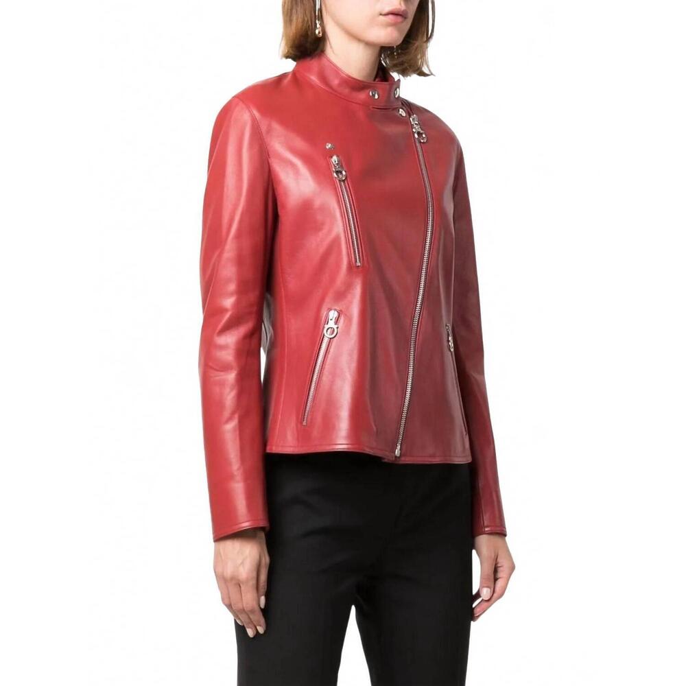 NEW SALVATORE FERRAGAMO high neck leather jacket in red